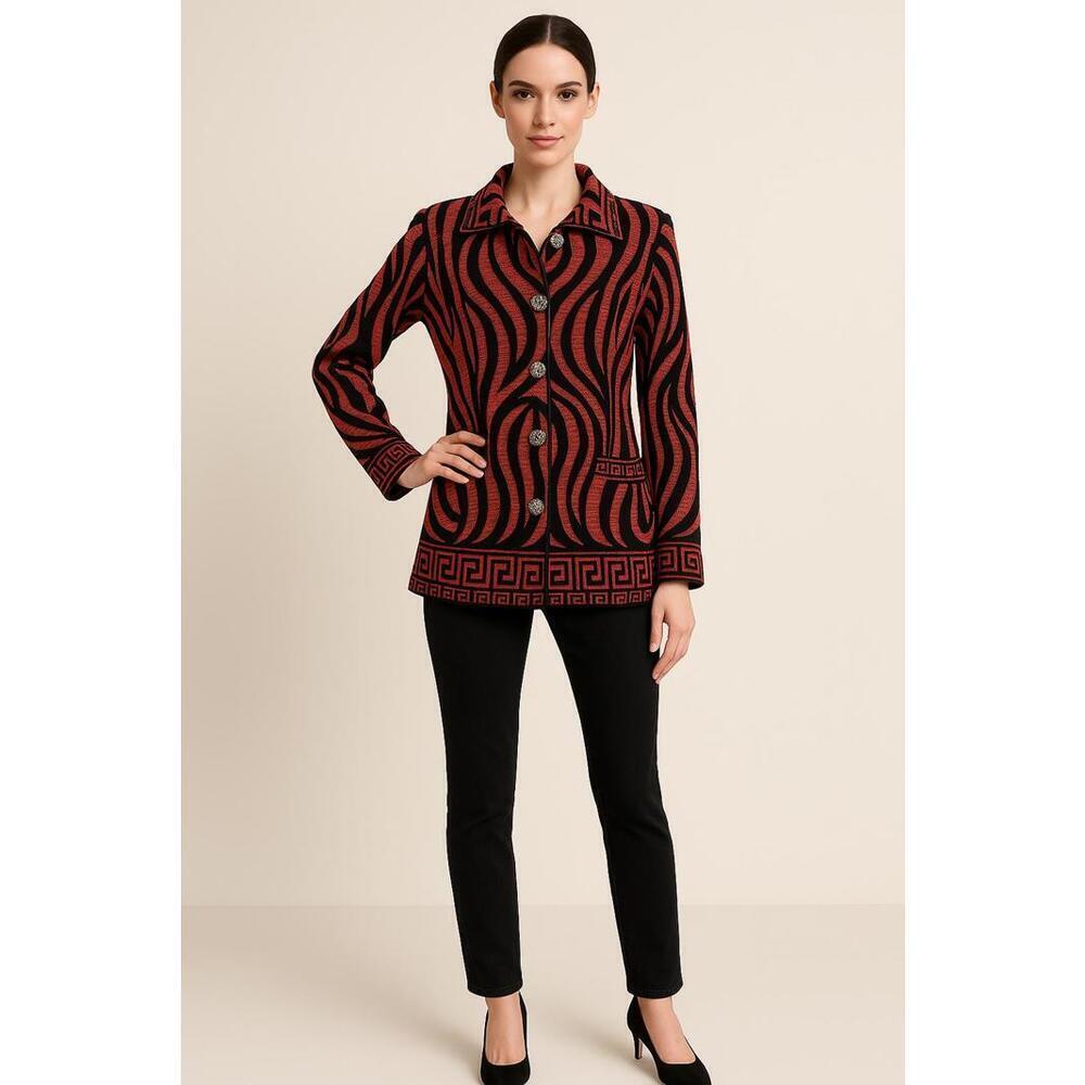 Vintage Size M Red Black Baroque Greek Key Wool Blend Lurex Knit Jacket Vintage